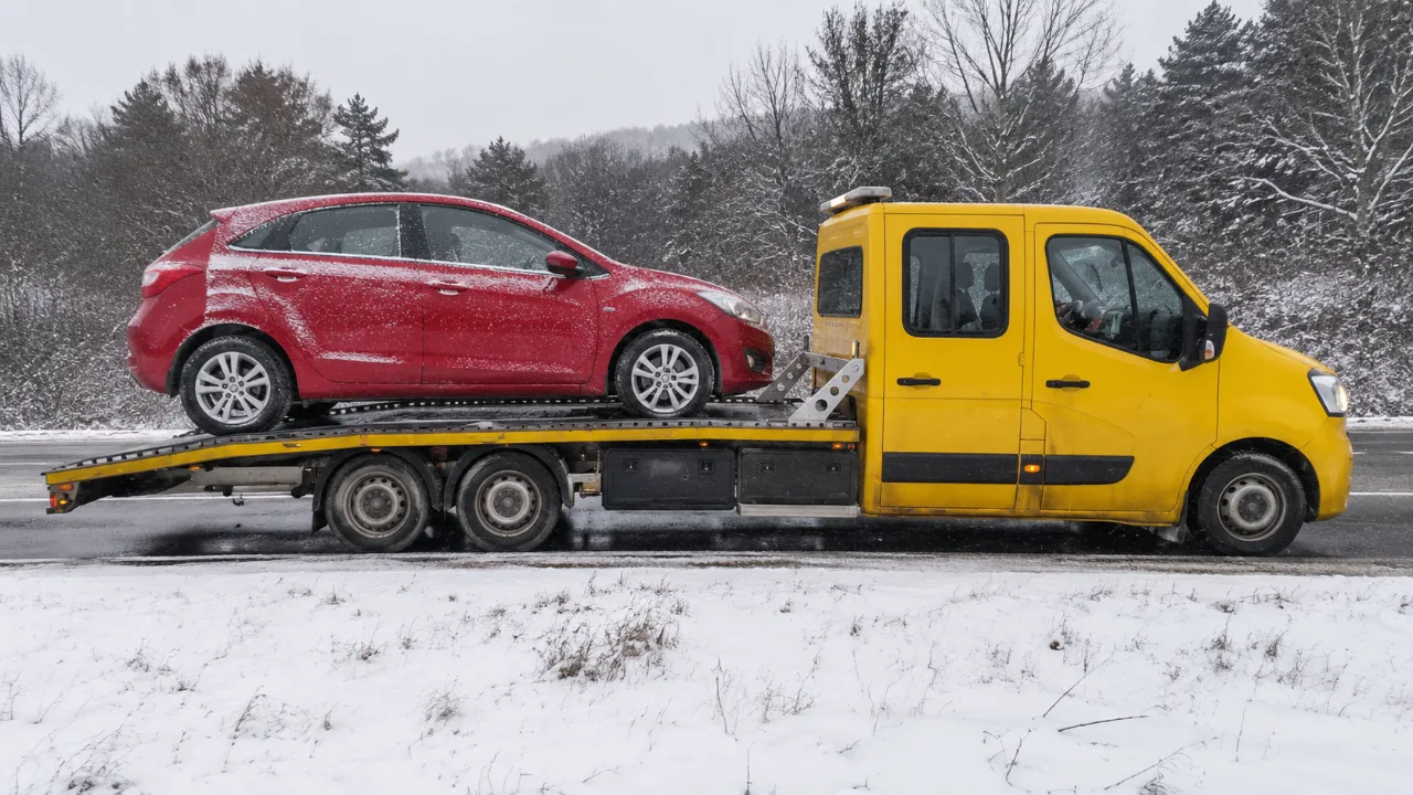Holowanie czerwonego auta na lawecie zimą – Ełk
