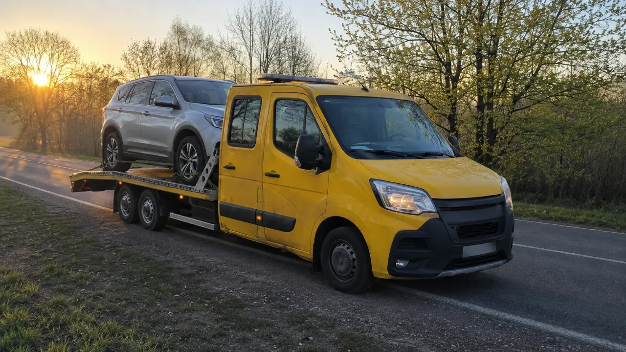 Laweta LOLEK-HOL z SUV-em o wschodzie słońca – pomoc drogowa Ełk 24h