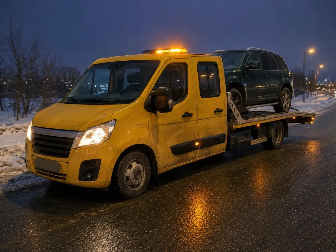 Pomoc drogowa po wypadku nocą – SUV na lawecie – Ełk