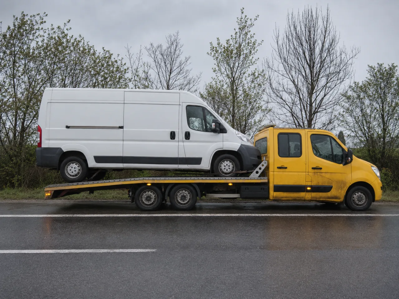 Bus dostawczy zabierany z krajówki wiosną – pomoc drogowa Ełk