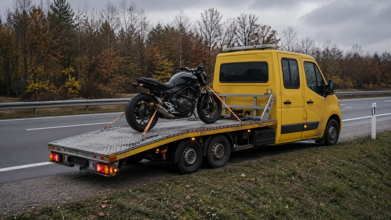 Motocykl zabezpieczony pasami na platformie lawety – Ełk