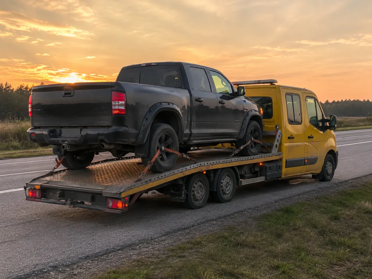 Transport pojazdu na lawecie o zachodzie słońca – Ełk