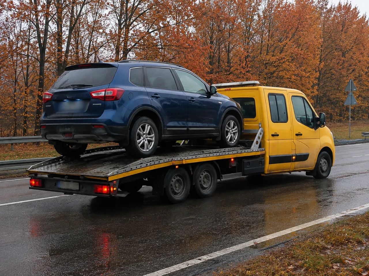 Laweta LOLEK-HOL z SUV-em na platformie jesienną porą – Ełk